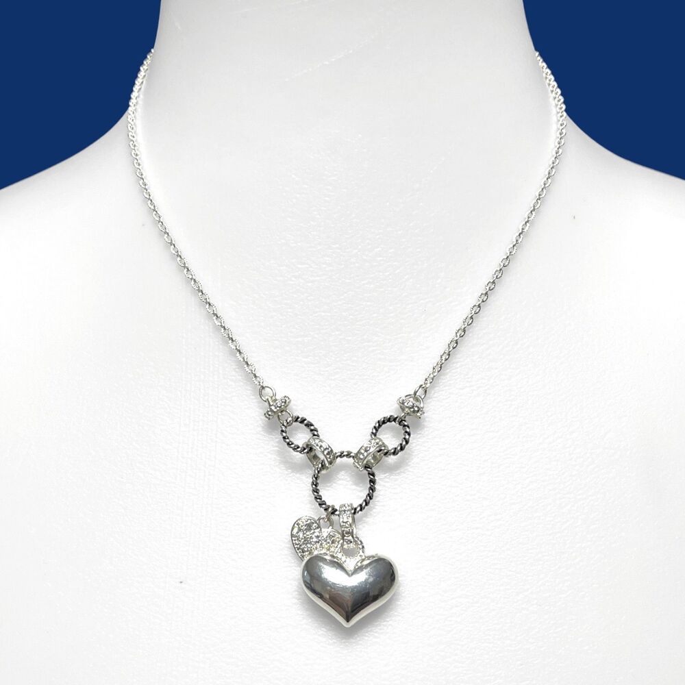 Avon NR Puffy Heart Pendant Necklace Silver Tone Rhinestone Charm 20" Adjustable